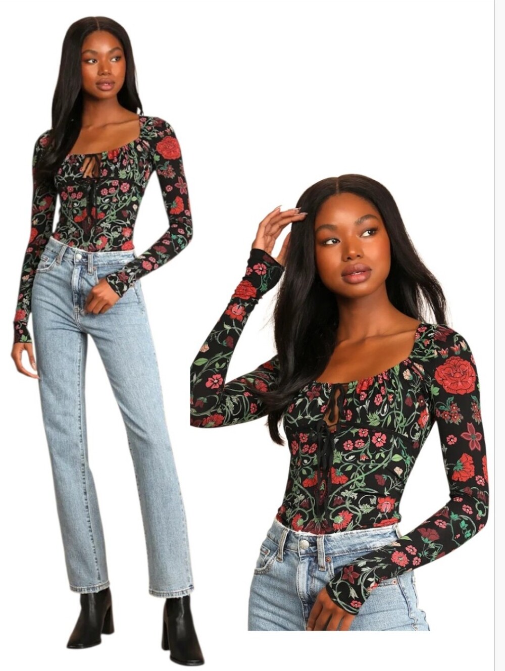NWT Free People Make It Easy Floral Milkmaid Keyhole Top Dark Knight Black S